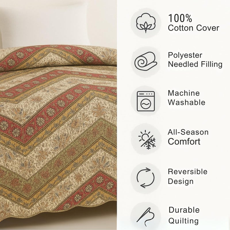 DaDa Bedding Bohemian Quilted Floral Bedspread Set - Rustic Cranberry Red Sage Green Chevron Paisley Filigree Lightweight Coverlet - Scalloped Edges Colorful Orange & Ivory White - King - 3-Pieces - Image 2